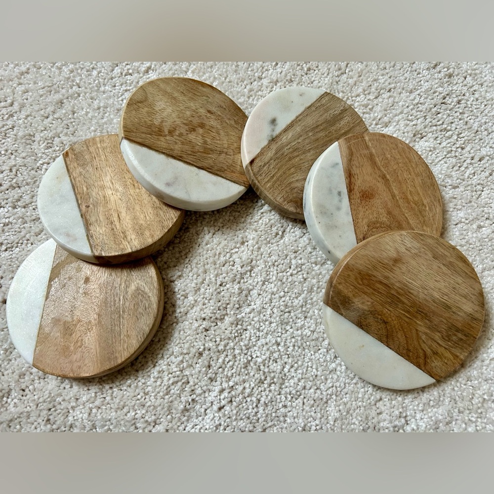 Creative Co-Op Wood and White Marble Half Moon Coasters - Set of 6